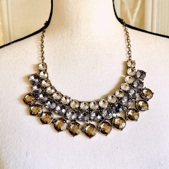 Necklace Crystal Triple Row Clear Smokey and Amber Adjustable Length Statement - Picture 1 of 11